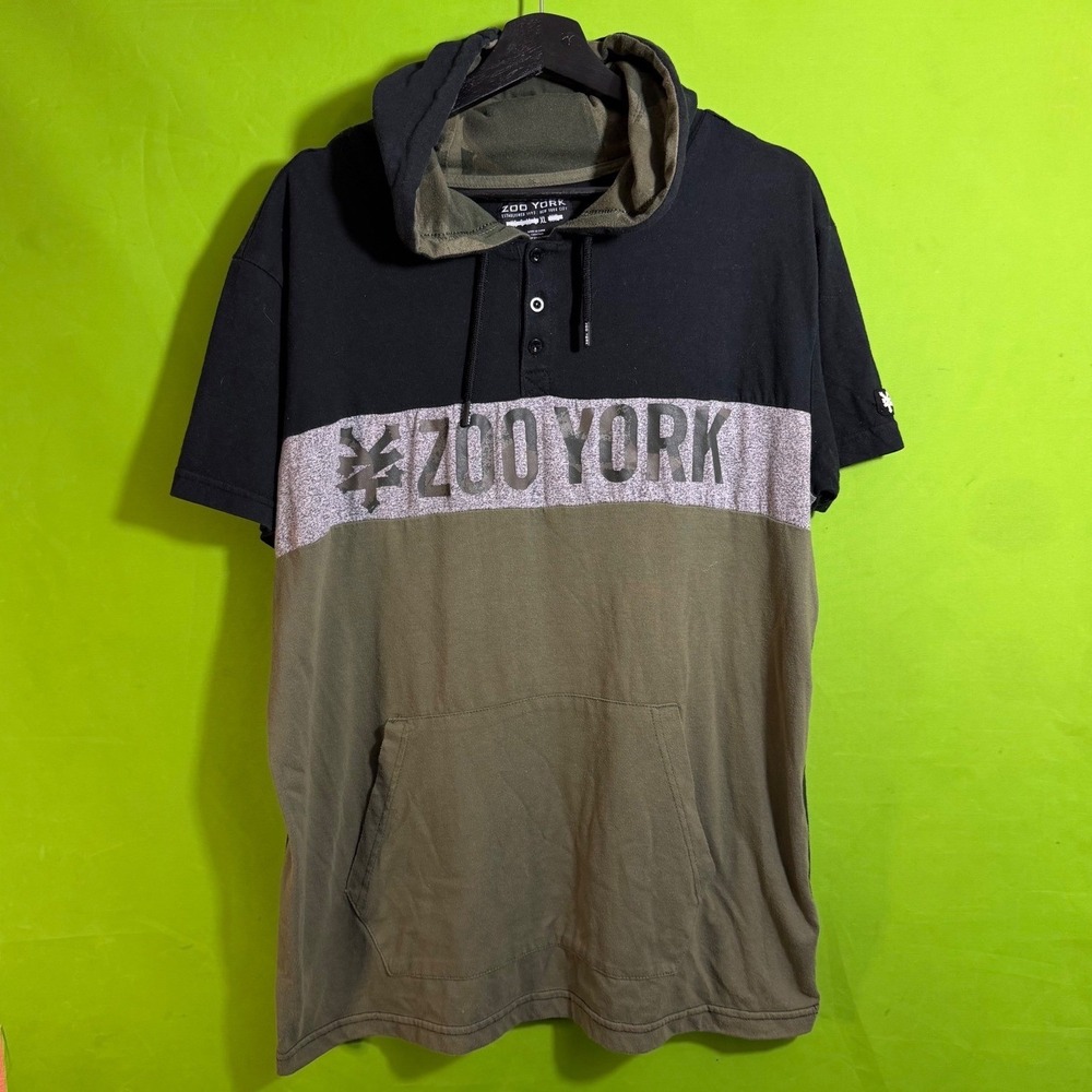Zoo York Mens XL Short Sleeve Hoodie Colorblock Camo Hood Henley Black Olive